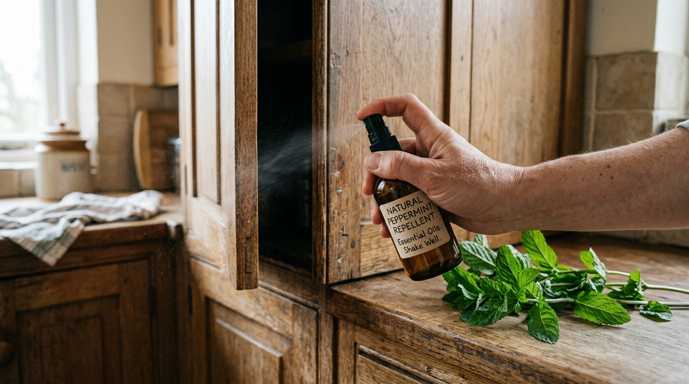 Répulsif rat naturel : huiles essentielles, vinaigre blanc et coton imbibé posés sur une étagère de garage